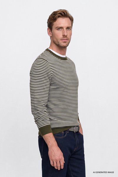 AC&Co / Altınyıldız Classics Men's Green-White Warm Standard Fit Regular Cut Crew Neck Striped Knitwear Sweater