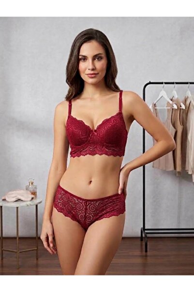 Kadın Mürdüm Dantelli Destekli Bralet Sütyen Boxer Külot Takımı - Şık & Rahat 2'li İç Giyim Seti