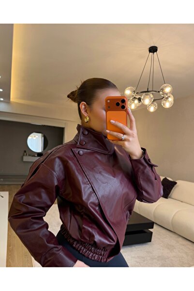 WİAWORK Kadın Bordo Viral Oversize Yüksek Yaka Apolet Detaylı Suni Deri Ceket