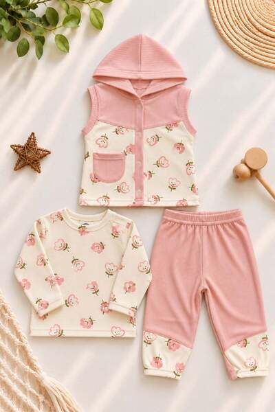 dinamik çocuk Baby girl floral print hooded vest long sleeve t-shirt and swea...