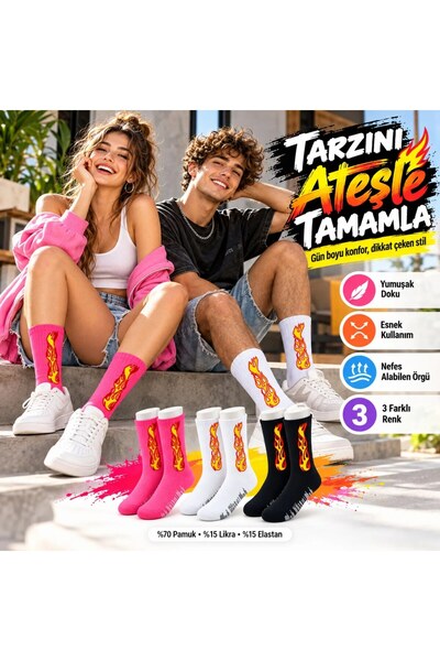 METKAR Unisex Flame Patterned Socks Set of 6 Cotton Long Socks Seamless Breat...