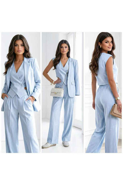 Woman's Fashion Σετ με σακάκι, παντελόνι και γαλάζιο γιλέκο