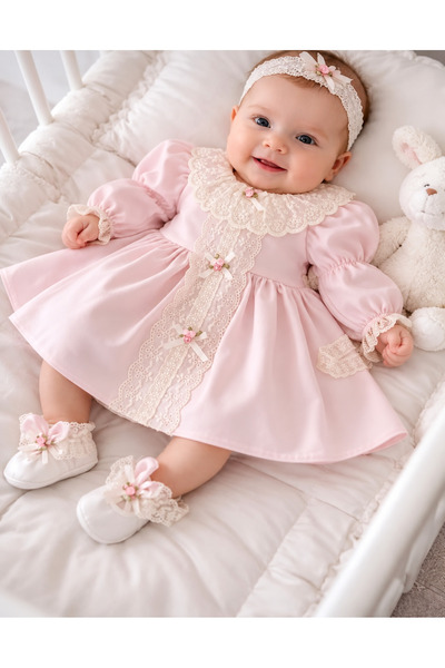 Dizaynbyasena Pink Long-Sleeved Presentable Dress with Floral Details Vintage