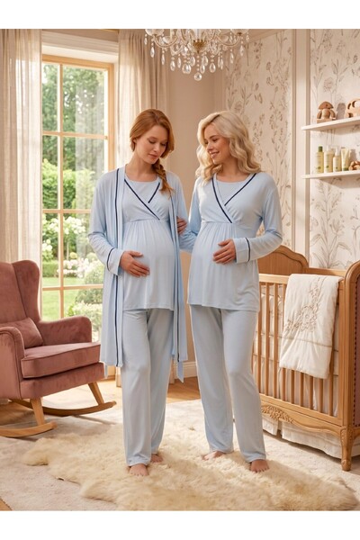 Lohusa Homewear New Season Blue Double-Breasted Collared Design with Easy Bre...
