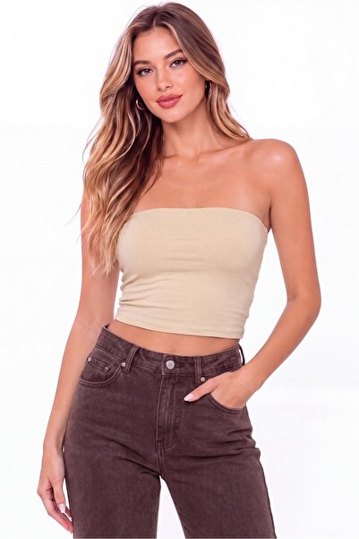 Arma Yıldız Women's Strapless Bustier Crop Top Cotton Lycra Stretchy Basic Top