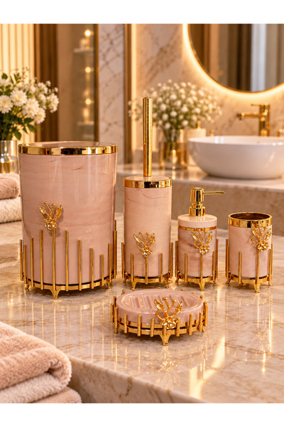 3NUR 5 Parça Akrilik Banyo Seti Gold Detaylı Mermer Görünümlü Çöp Kovası Tuva...