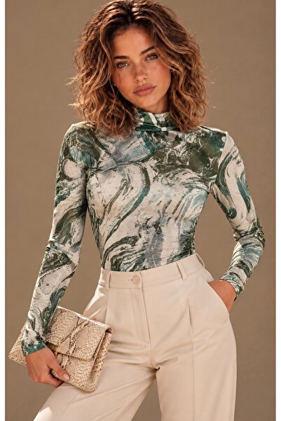 Be Best Women's White-Green Patterned High-Neck Blouse Be545