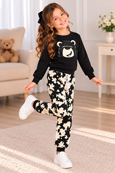 SERPİL Girl's Teddy Bear Printed Sweatshirt and Patterned Sweatpants 2-Piece Set