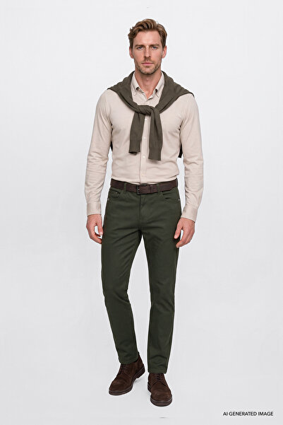 AC&Co / Altınyıldız Classics Men's Khaki Cotton Tapered Fit 5-Pocket Diagonal...
