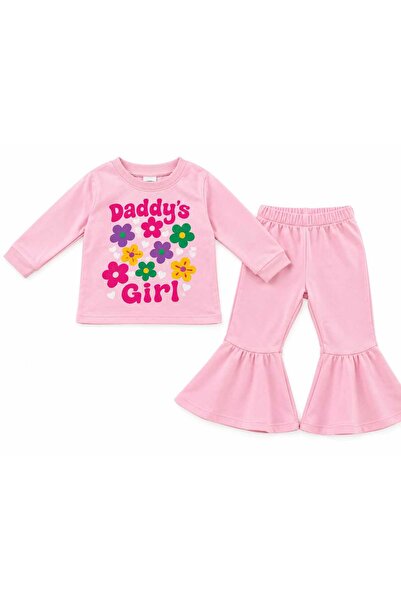 Generic Brand Compleu fete 2 piese roz Daddy s Girl,bluză și pantaloni evazați