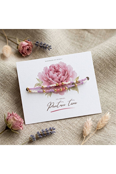 BUNILU Bratara Handmade Violet-Alb cu Margele din Cuart Roz , Inchidere Aurie si Cartonas Decorativ