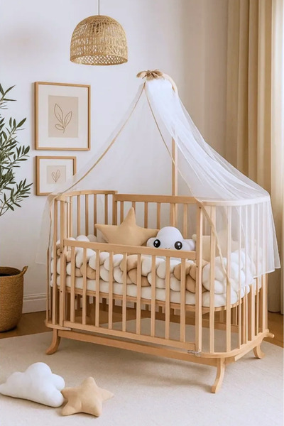 BebeK on For Mabela TEKERLEKLİ Ahşap Beşik kahve krem Örgü Koruma Set Ile