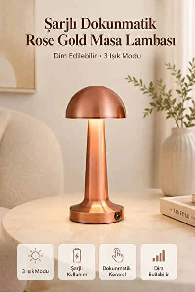 Rosemor Şarjlı Kablosuz Dokunmatik LED Masa Lambası 3 Renk Işık Modlu Kablosuz Type-C Modern Tasarım