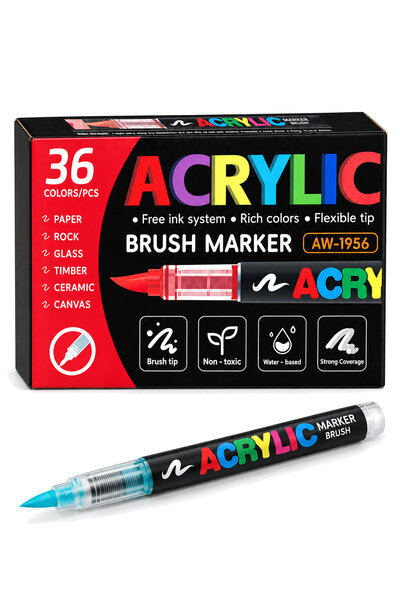TİCARO Akrilik Marker Kalem Seti 36'lı, Esnek Fırça Uçlu Boya Kalemi