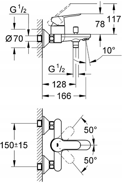 Grohe Baterie de baie și duș cromată, montată pe perete, BauEdge 23334000