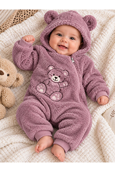 Genel Markalar Kız Bebek Kapşonlu Ayıcık Nakışlı Peluş Polar Tulum