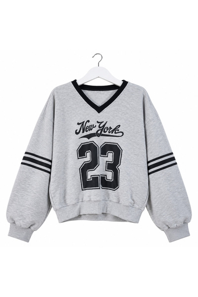 Kadın Baskılı V Yaka Oversize Sweatshirt