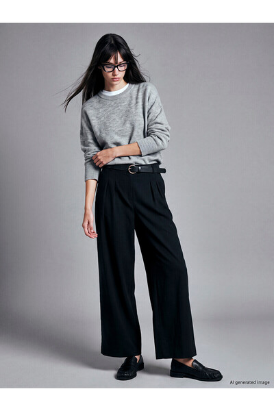 LC Waikiki Nevavm Farkıyla Xside Black Belted Pleated Women's Fabric Trousers