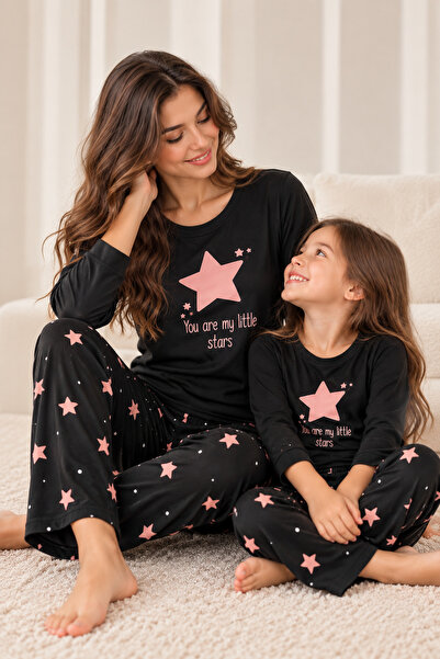 BELLAMER Anne Kız Kombin Yıldız Desenli Siyah Pijama Takımı