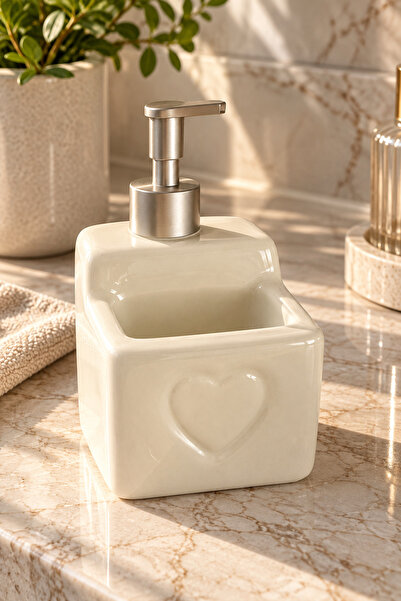 Premium Kalp Desenli Seramik Sıvı Sabunluk | Paslanmaz Çelik Pompalı Dekoratif Sabunluk