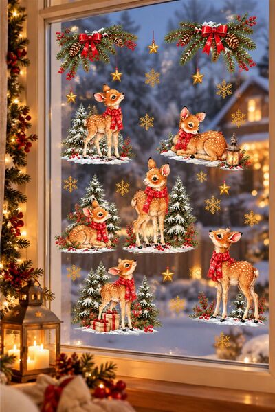 Piksel Grafik New Year's Baby Deer Glass and Wall Sticker Set - Snowy Pine Tree