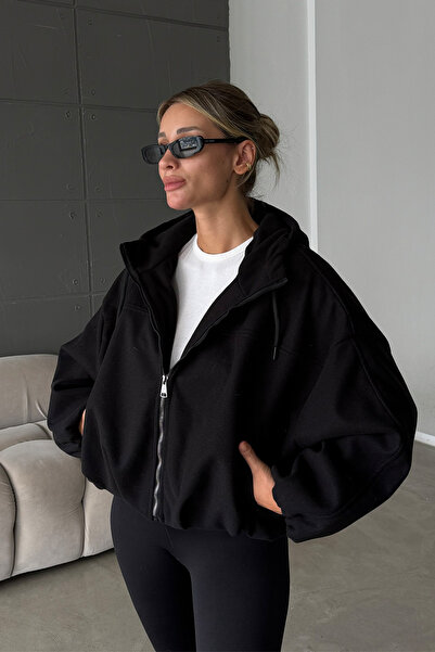 NET OF NOT Oversize Kalın Tüylenmez Kaşe Bomber Kalıp Kapüşonlu Kadın Ceket