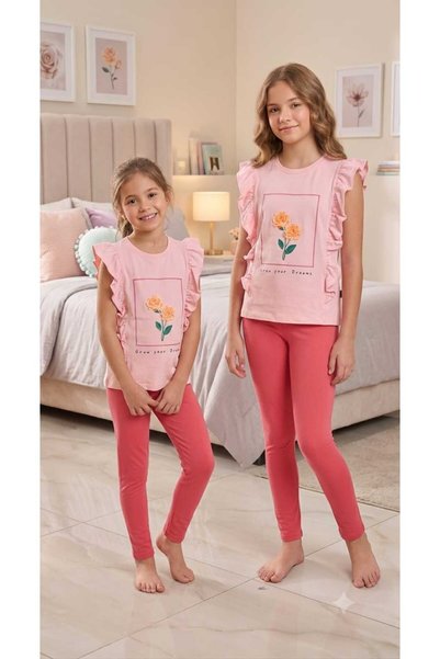 Generic Brand Girls' 100% Cotton Summer Pajamas in Calm Pink and Dark Floral ...