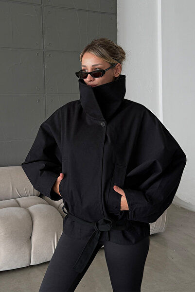 NET OF NOT Oversize Gabardin Kumaş Kuşaklı Dik Yaka Kadın Ceket