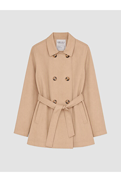 LC Waikiki Ozmarka New Season Beige Shirt Collar Girl's Gabardine Trench Coat
