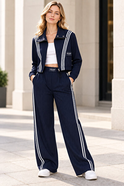 MERİDE Kadın Lacivert Çizgili Bol Paça Spor Pantolon-269904-Lacivert - L