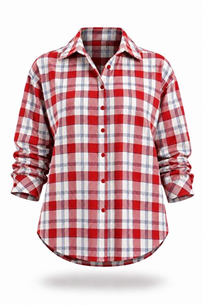 5in1Canpolat Red Plaid Shirt with Button Detail on the Back 19176