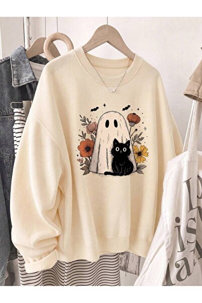 PALPİTO Hanorac de damă cu imprimeu floral Ghost Cat de Halloween