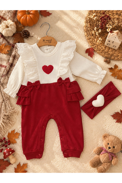 ASLİN STORE Kız Bebek Kırmızı Kalp Detaylı Fırfırlı Tulum ve Saç Bandı 2'li Set
