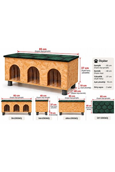 öztuahşap dışmekan 3lü kedi evi 85x40x37(DEMONTE)