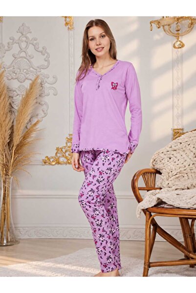Umi Han Tekstil Lavanta Morlu Çiçek Desenli Pijama Takım