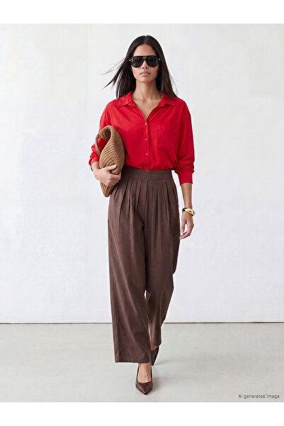 LC Waikiki Alita City Lcw Modest Brown Regular Fit Women's Pleated Fabric Pan...