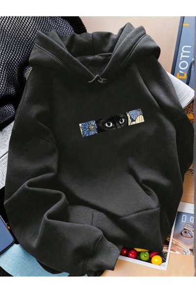 WESTİMO Women's Floral Cat Print Hooded Sweatshirt