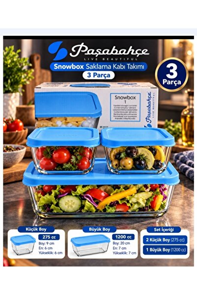 Paşabahçe 3 Pieces Snowbox Storage Container Small with Blue Lid 275 Cc Volum...
