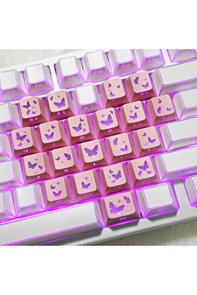 Kelebek Desenli Kare Tasarım Keycap Tuş Takımı PBT - RGB Uyumlu Işık Geçirgen