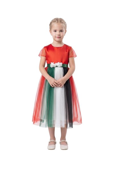 Bidani Little Patriot UAE Flag Multi-Color Tulle Gown with Flower Waistband