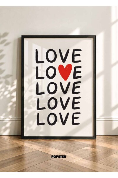 Love Poster - Kırmızı Kalp - Siyah Beyaz Tipografik Dekor - ( Çerçevesiz )