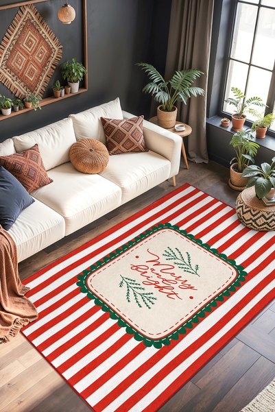 Home Merry Christmas Yazılı Çizgili Yılbaşı Temalı Dijital Baskılı Kaymaz Tab...