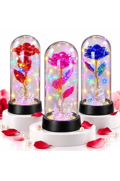 JML Trandafir Cristalizat 20x9.5cm, cu Lumină LED Multicoloră sub Cupolă Tran...