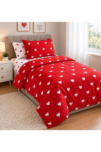 Gasel Home 120X200 Yataklar İçin Kalp Desen Çarşafı Lastikli Nevresim Takımı ( 2 Yastıklı )