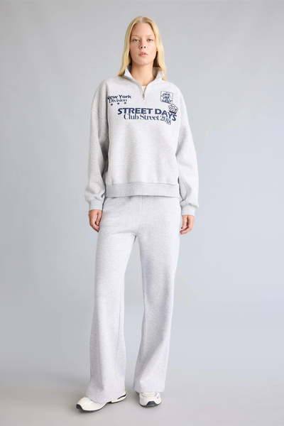 DeFacto I3016AXGR110 Gri Oversize Dik Yakalı Yarım Fermuarlı Baskılı Sweatshirt