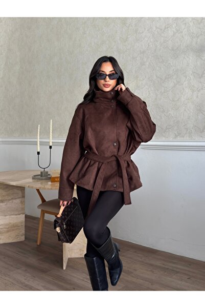 Nes Moda Kadın Dik Yaka Düğmeli Süet Trençkot Ceket Mont