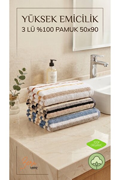 zera collection 3 Pieces of 100% Cotton Patterned Striped Soft Bath and Face ...