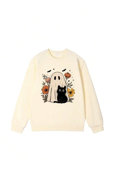 WESTİMO Women's Halloween Ghost Cat Floral Pattern Sweatshirt