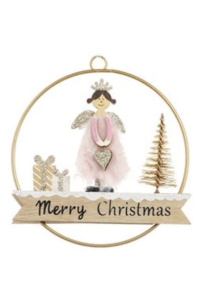 OEM Ornament Brad de Craciun Cerc Auriu din Lemn cu Inger Ø10cm