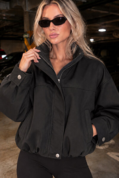 Trendsensin Lorven Oversize Stand Collar Bomber Viral Γυναικείο Μπουφάν